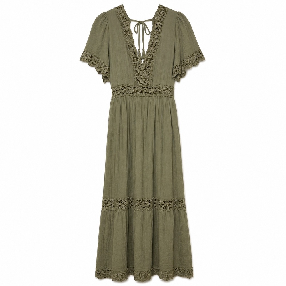 Boho Sage Green Maxi Dress Lace Trim V Neck Flowy Cottagecore Medium